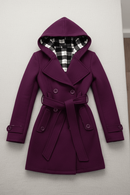 Chic Women's Double-Breasted Hooded Winter Coat with Adjustable Belted Waist for Trendy Cold Weather Fashion