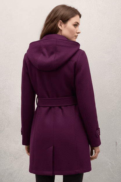 Chic Women's Double-Breasted Hooded Winter Coat with Adjustable Belted Waist for Trendy Cold Weather Fashion
