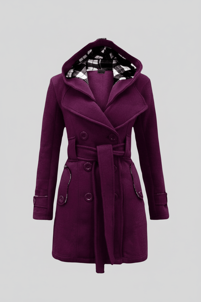 Chic Women's Double-Breasted Hooded Winter Coat with Adjustable Belted Waist for Trendy Cold Weather Fashion