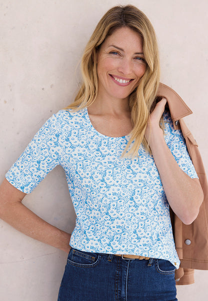 Short Sleeve Cotton Top - Cotton Blue Print
