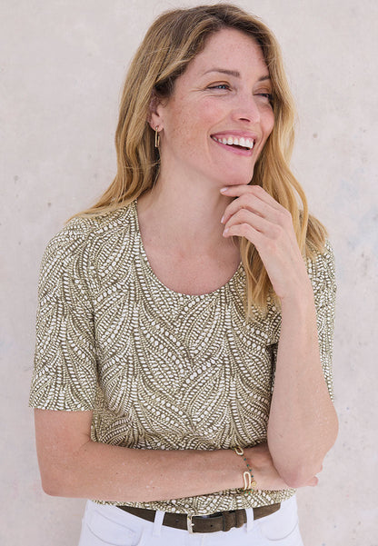 Short Sleeve Cotton Top - Dark Olive Print