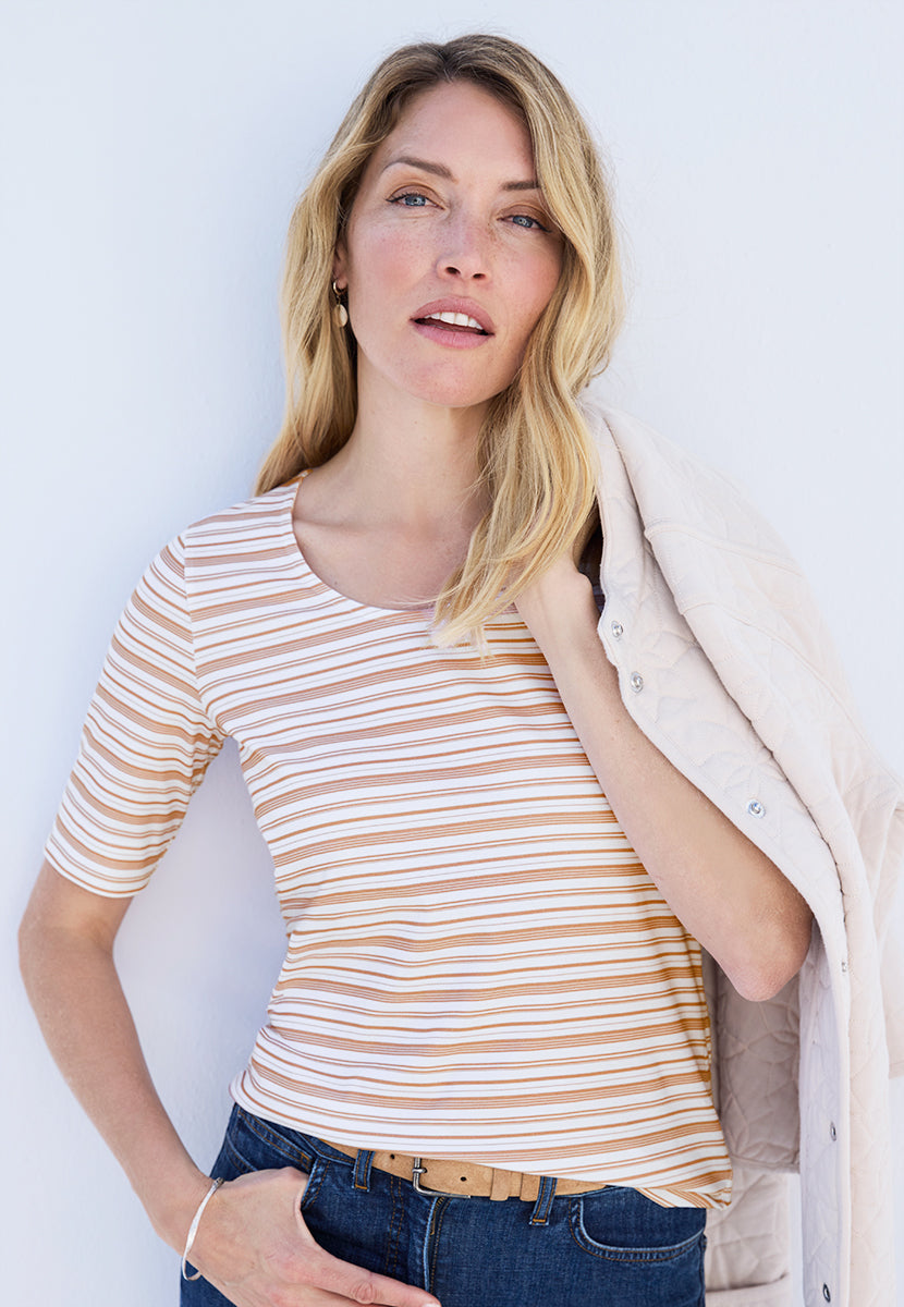Short Sleeve Cotton Top - Tan Stripe