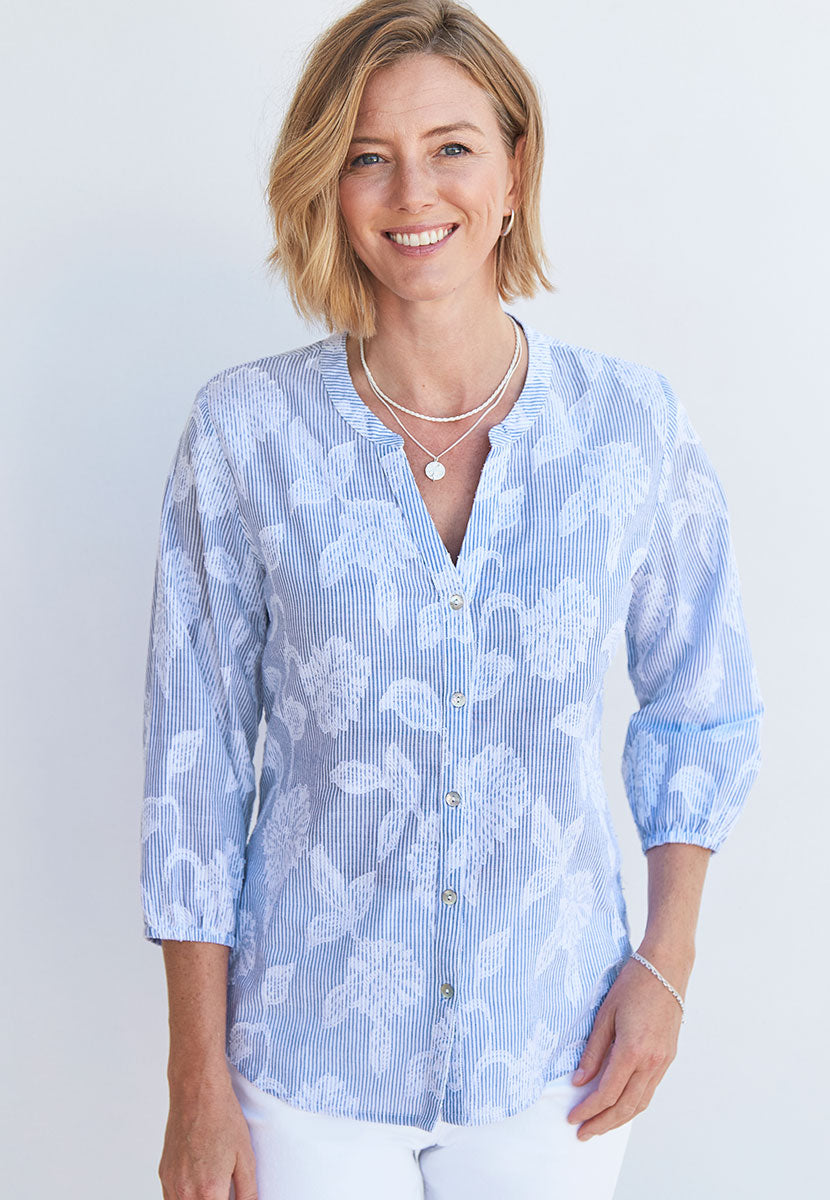 Pure Cotton Shirt - Blue/White Floral
