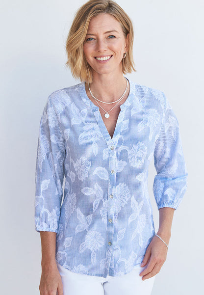 Pure Cotton Shirt - Blue/White Floral