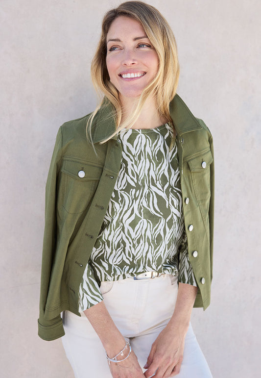 Boat Neck Cotton Top - Khaki Print
