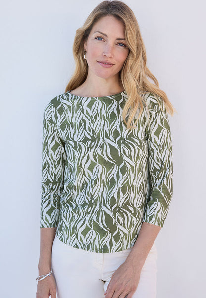 Boat Neck Cotton Top - Khaki Print