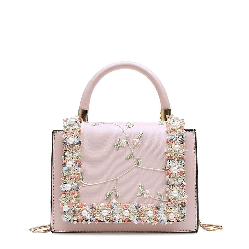 Floral Embroidered Tote Handbag for Women - Top Handle Shoulder Bag