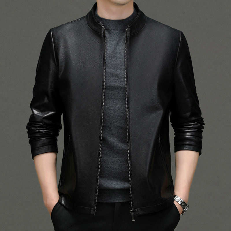 Men’s PU Leather Moto Jacket with Front Zipper