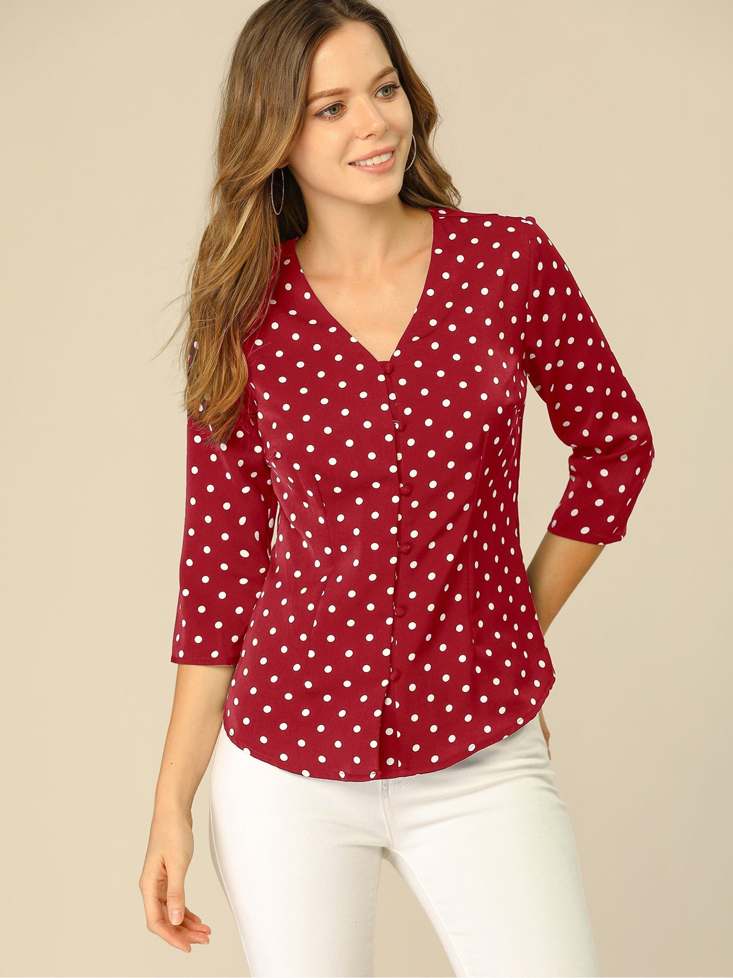 Vintage Polka Dot 3/4 Sleeve Blouse Top