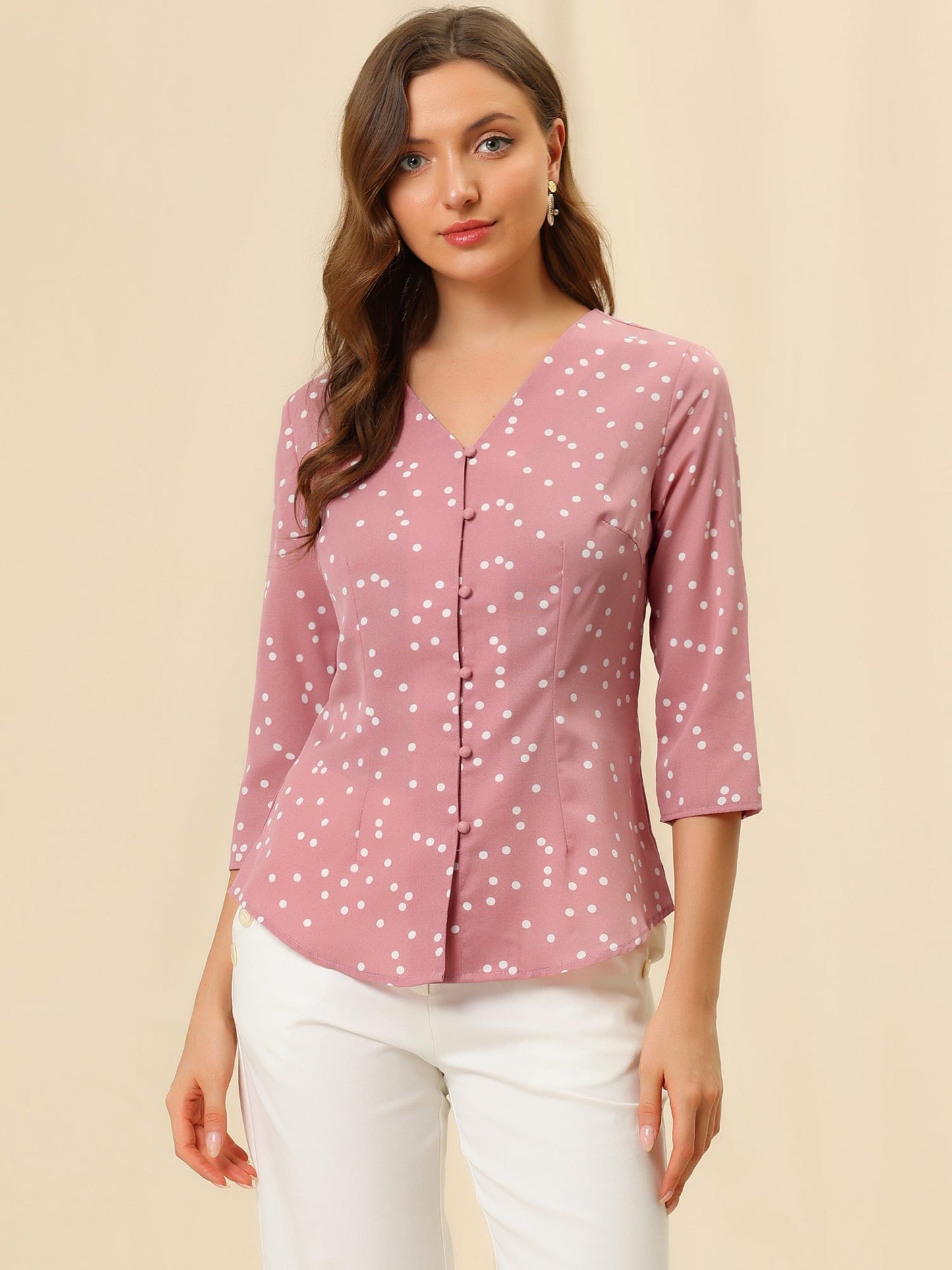 Vintage Polka Dot 3/4 Sleeve Blouse Top