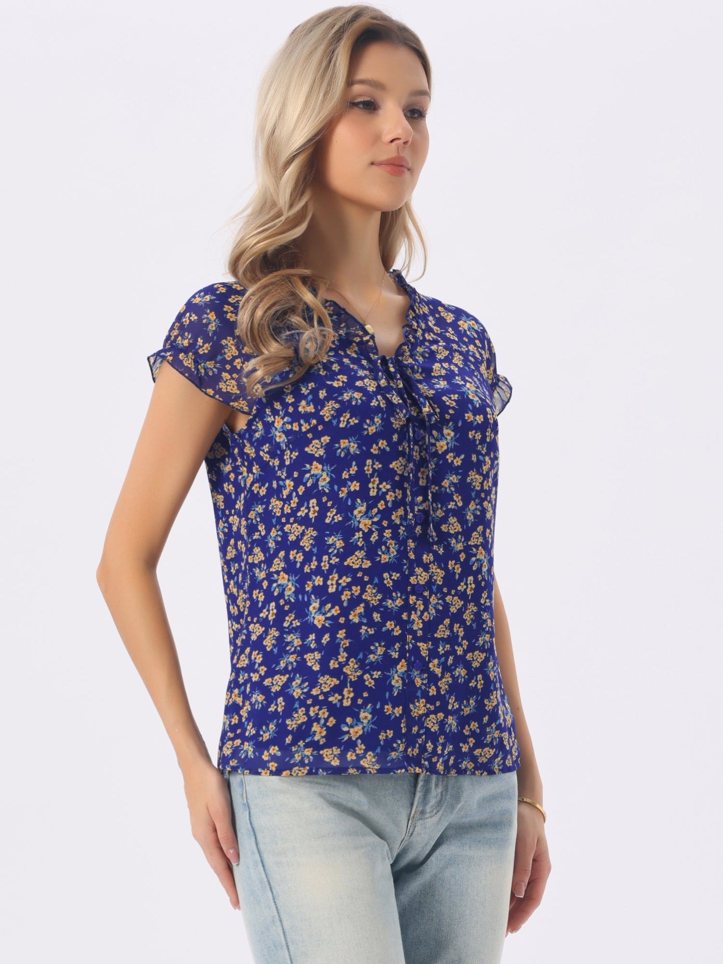 Floral Print Chiffon Ruffle Blouse