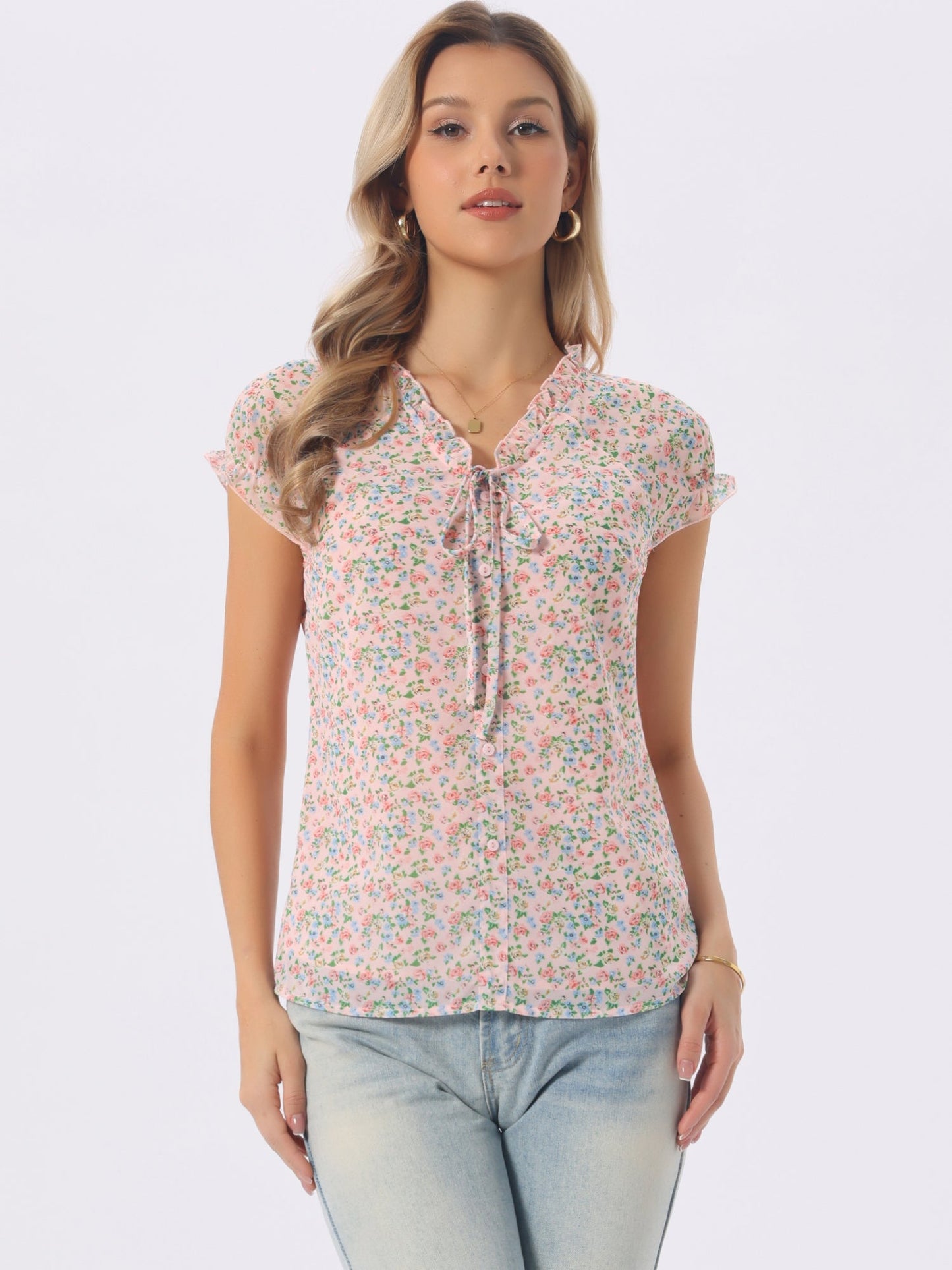 Floral Print Chiffon Ruffle Blouse