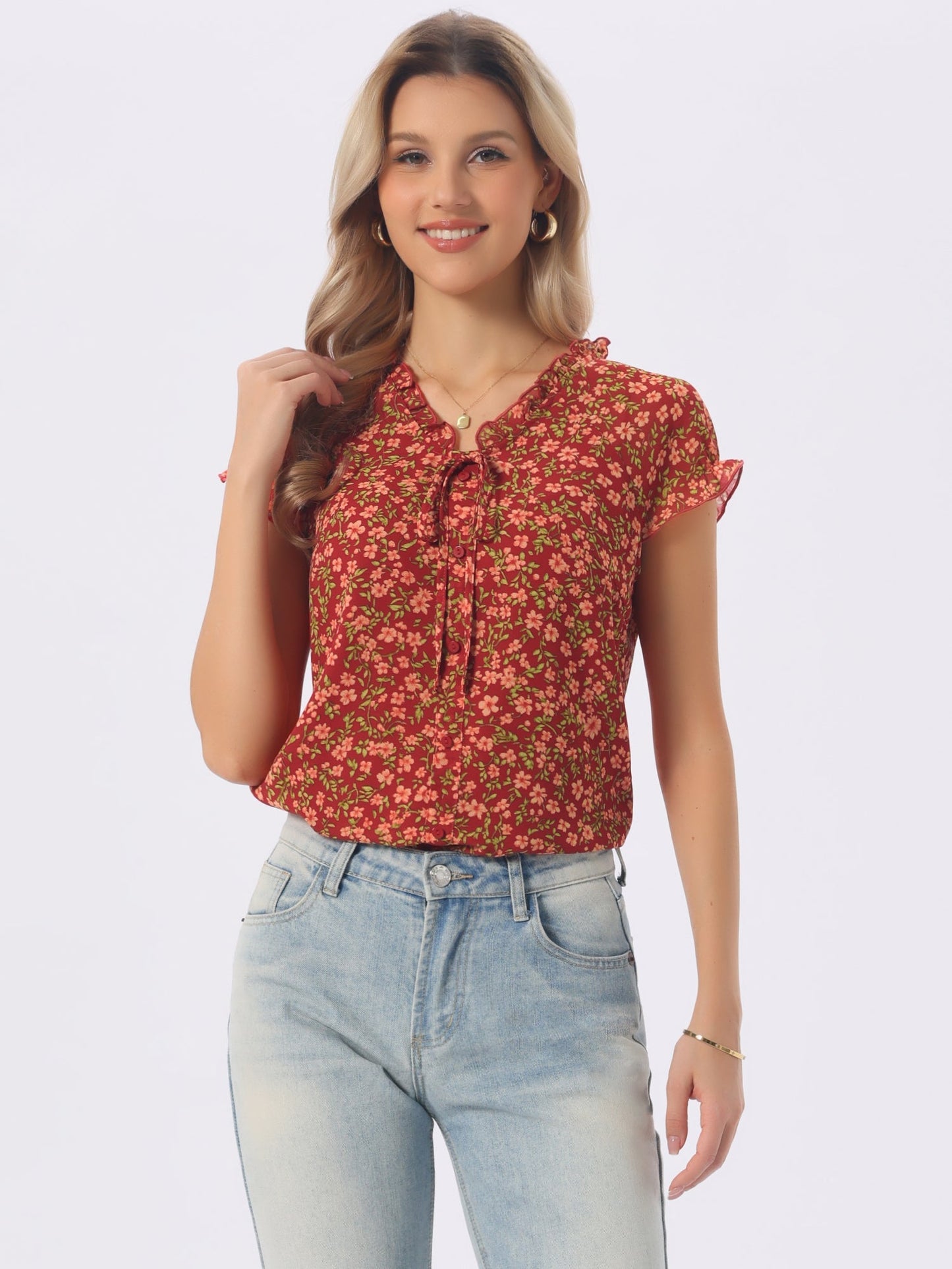 Floral Print Chiffon Ruffle Blouse